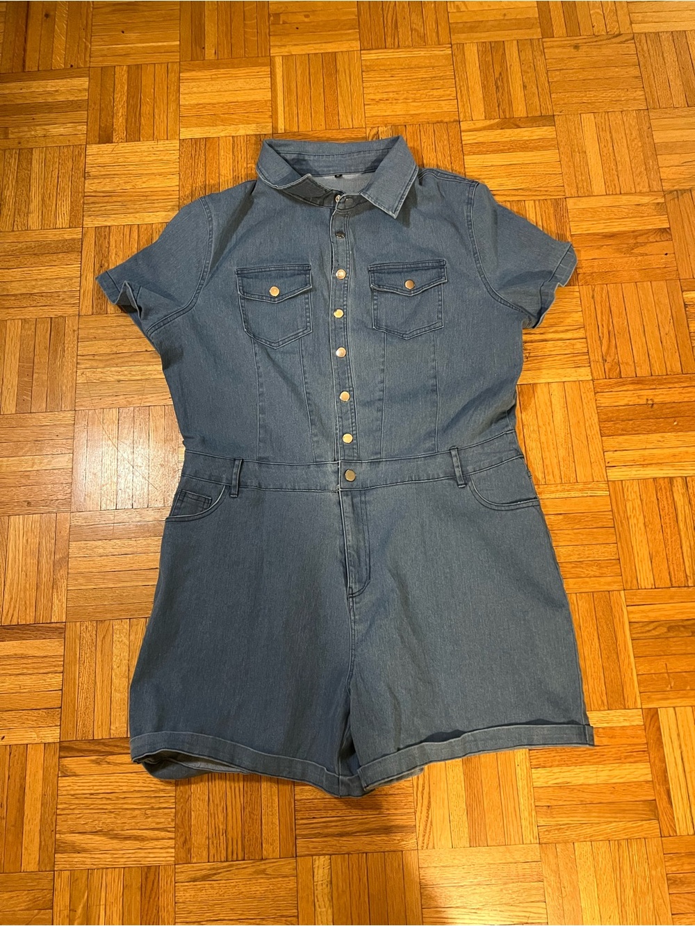 Retro Vibes in Casual Short-Sleeve Denim Romper in Blue size XL